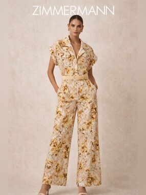 Zimmermann Cream and Mustard Floral Wide-Leg Jumpsuit with Braided Belt